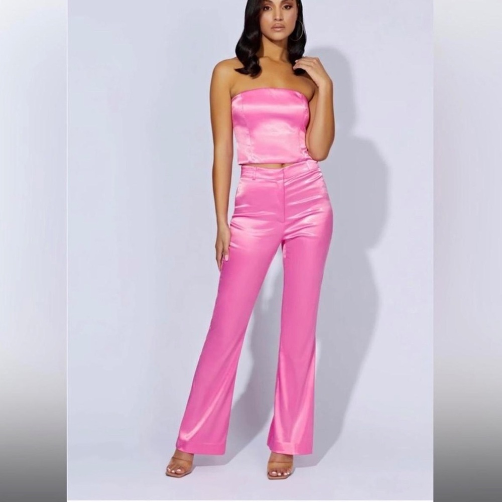 Meshki Bunblegum Pink Satin High-Waist Flare Pants sz XL - Picture 2 of 8
